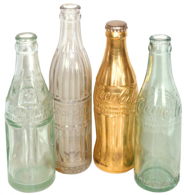 Coca-Cola bottles (4), pre-1917 bottle from High: Coca-Cola bottles (4), pre-1917 bottle from High Point, NC, c.1920 ribbed "Design Patent Pending" w/embossed Denver Colo bottom, 1923 Soda Water Property of Coca-Cola Bottling Co. w/square sides & 194
