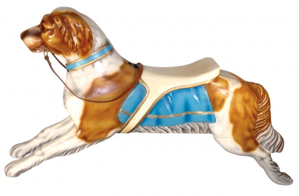 Carousel animal, Herschell Spillman Dog (St. Bern: Carousel animal, Herschell Spillman Dog (St. Bernard) w/blue & white blanket, wood w/old paint, Exc cond w/minor cracks, 40"H x 55"L.