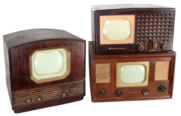 Televisions (3), Firestone, mahogany case w/4"x6": Televisions (3), Firestone, mahogany case w/4"x6" screen, 10"H x 18"W, Philco, mahogany case w/4"x6" screen, 15"H x 16"W & Admiral, Bakelite case w/4"x6" screen, all Good untested cond.
