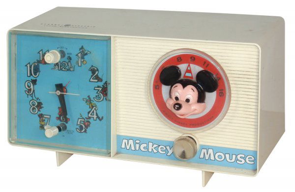 Radio, Mickey Mouse w/clock, mfgd by General Elec: Radio, Mickey Mouse w/clock, mfgd by General Electric, Exc working cond, 4.5"H x 10.5"W.