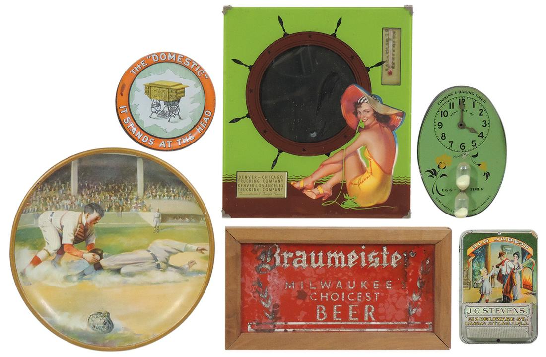 Advertising (6), Braumeister reverse painted small: Advertising (6), Braumeister reverse painted small tavern sign w/silver glue chip letters (water damage), Baseball theme merchant's litho on tin plate, Denver Trucking Co. adv mirror/thermometer, Old