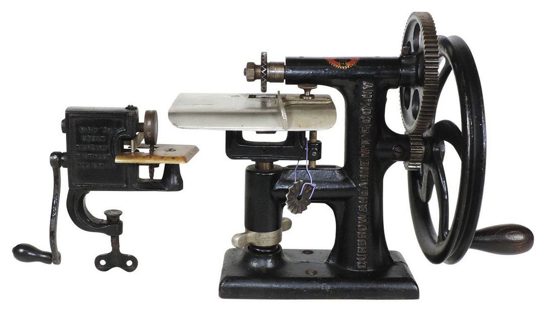 Sewing Pinking Machines (2), large commercial counter: Sewing Pinking Machines (2), large commercial counter top model, mfgd by Durbrow & Hearne & small "Clean Cut", mfgd by South Richland Machine Co., both VG working cond, larger 10"H x 14"W x 9"D.