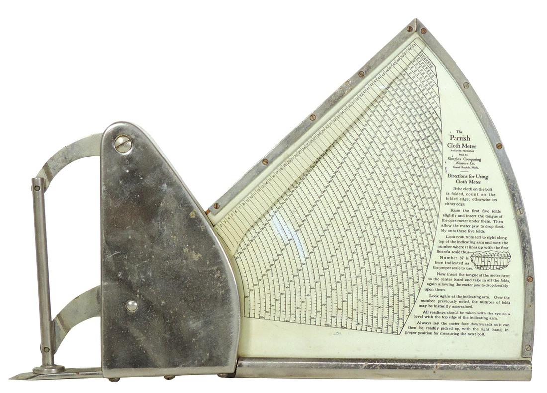 Sewing Store Cloth Meter, Scarce Parrish Cloth Meter: Sewing Store Cloth Meter, Scarce Parrish Cloth Meter mfgd by Simple Computing Measure Co., c.1920, nickel-plated steel & wood w/litho scale, VG working cond, 11"H x 16"L.
