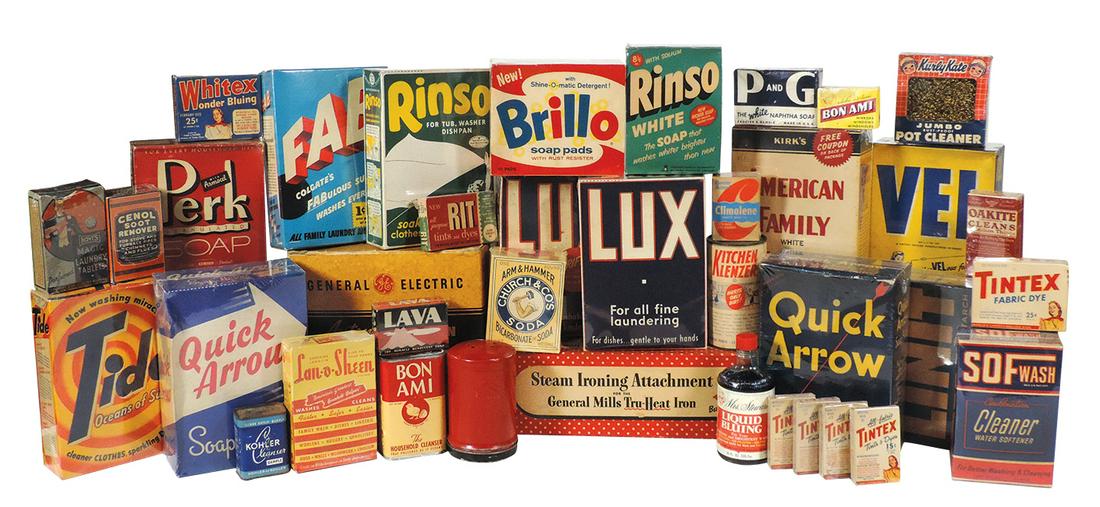 Advertising Laundry Products (38), great variety of: Advertising Laundry Products (38), great variety of various soap boxes, most unopened w/contents, Old Dutch shaker w/product bluing, dyes & 3 electric irons in boxes, most VG to Exc cond & shrink wrap