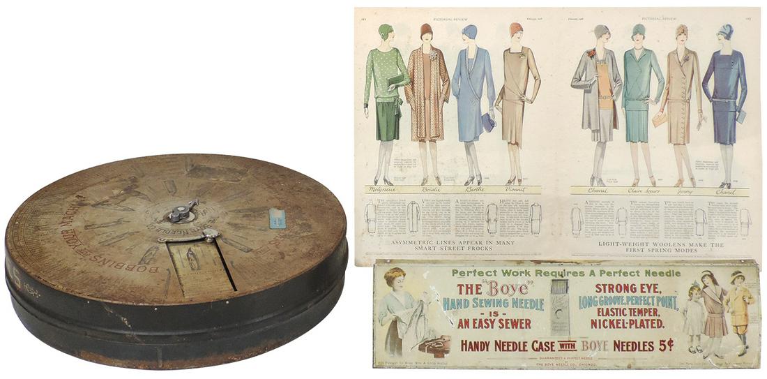 Sewing Advertising Items (3), Boye Needle Co. table-top: Sewing Advertising Items (3), Boye Needle Co. table-top litho on tin rotating dispenser, Boye litho on tin adv sign & Pictorial review printed style guide, most in Good cond o/all w/fading, oxidation 