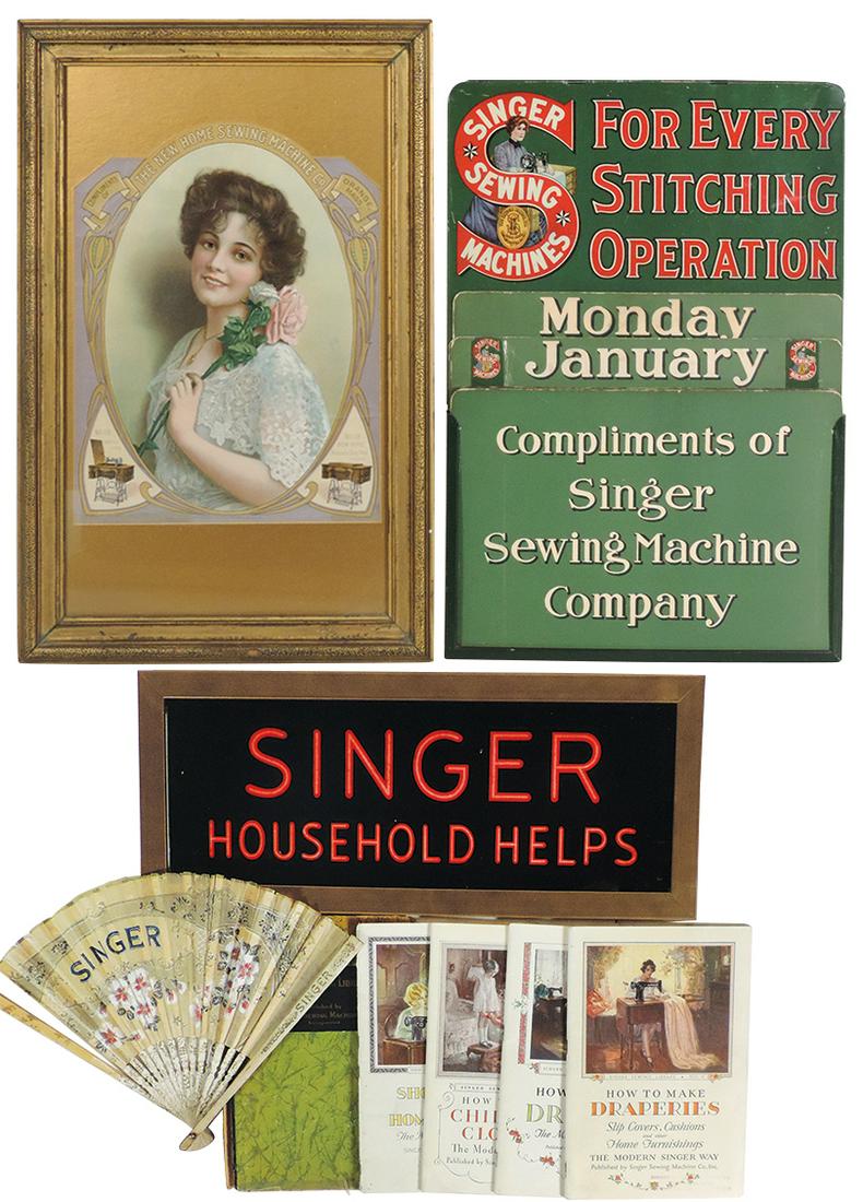 Sewing Machine Advertising Items (5), large Singer: Sewing Machine Advertising Items (5), large Singer calendar, litho on tin w/interchangeable month, day & date cards, Exc cond w/edge wear; New Home Sewing Machine calendar top; "Singer Household Helps
