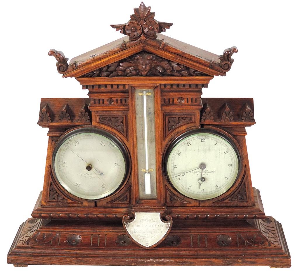 Scientific Instrument, Barometer-Thermometer Bracket: Scientific Instrument, Barometer-Thermometer Bracket Clock, mfgd by Negretti & Zambra, England 1876, architectural form carved oak case w/facial mask, engraved silvered dials & presentation plaque for