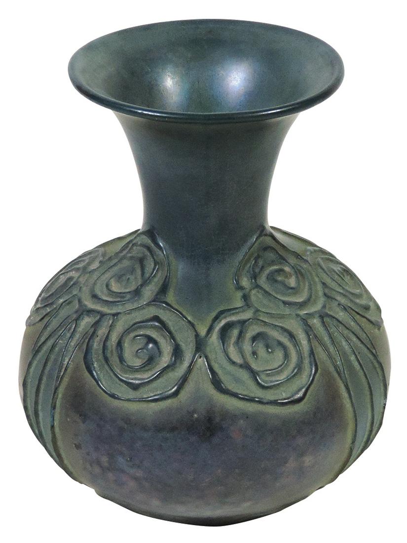 Art Pottery, Amphora Vase, Czech., c.1900 w/raised: Art Pottery, Amphora Vase, Turn Teplitz, c.1900 w/raised scrolled designs under a blue glaze w/pink mottling, probably designed by Paul Daschle, Impressed oval mark, #3205 & "G", VG cond w/some glaze 