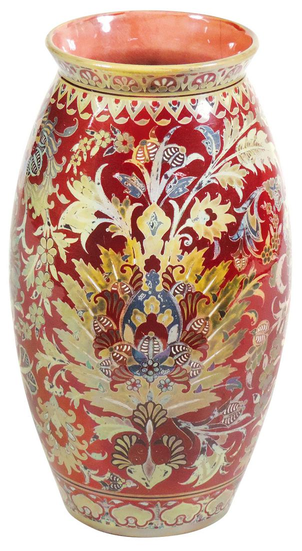 Art Pottery, Arts & Crafts Vase, Zsolnay Pecs, Eosin: Art Pottery, Arts & Crafts Vase, Zsolnay Pecs, Eosin luster glaze in a stylized foliate pattern on brick red ground, Hungary, late 19th Century, signed on base w/impressed, incised & painted marks, Go