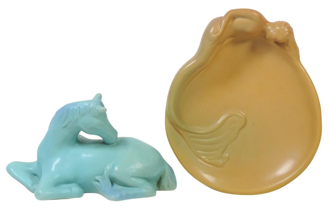 Art Pottery, Van Briggle bowl w/reclining mermaid, sand: Art Pottery, Van Briggle bowl w/reclining mermaid, sand glaze w/incised logo, Van Briggle Colo Spgs, CO. V7 & G.P. initials on bottom, Exc cond, 9" x 11" & Reclining Horse w/turquoise glaze & same mar