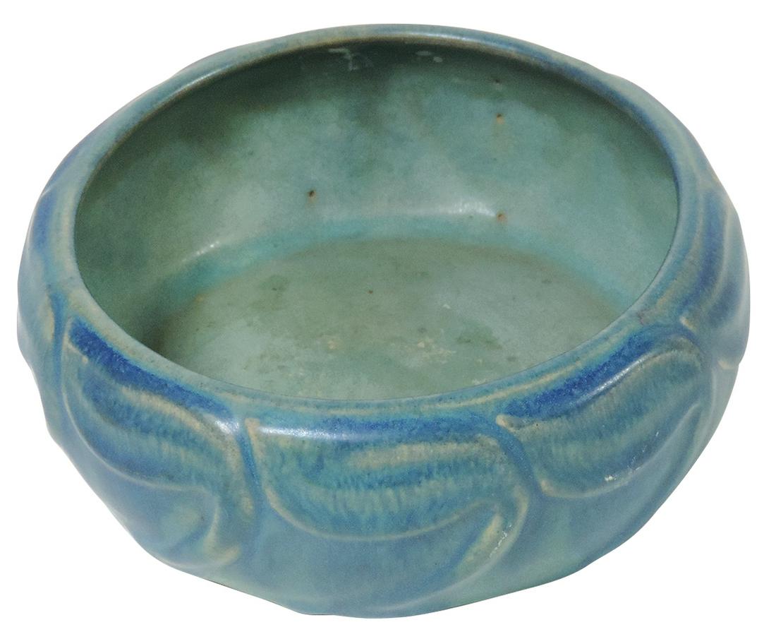 Art Pottery, Van Briggle, c.1918 round squat bowl: Art Pottery, Van Briggle, c.1918 round squat bowl w/leaves on swirling stems under indigo & turquoise matte glaze, early Van Briggle mark & dated 1918, Exc cond, 2.25"H x 6"Dia.