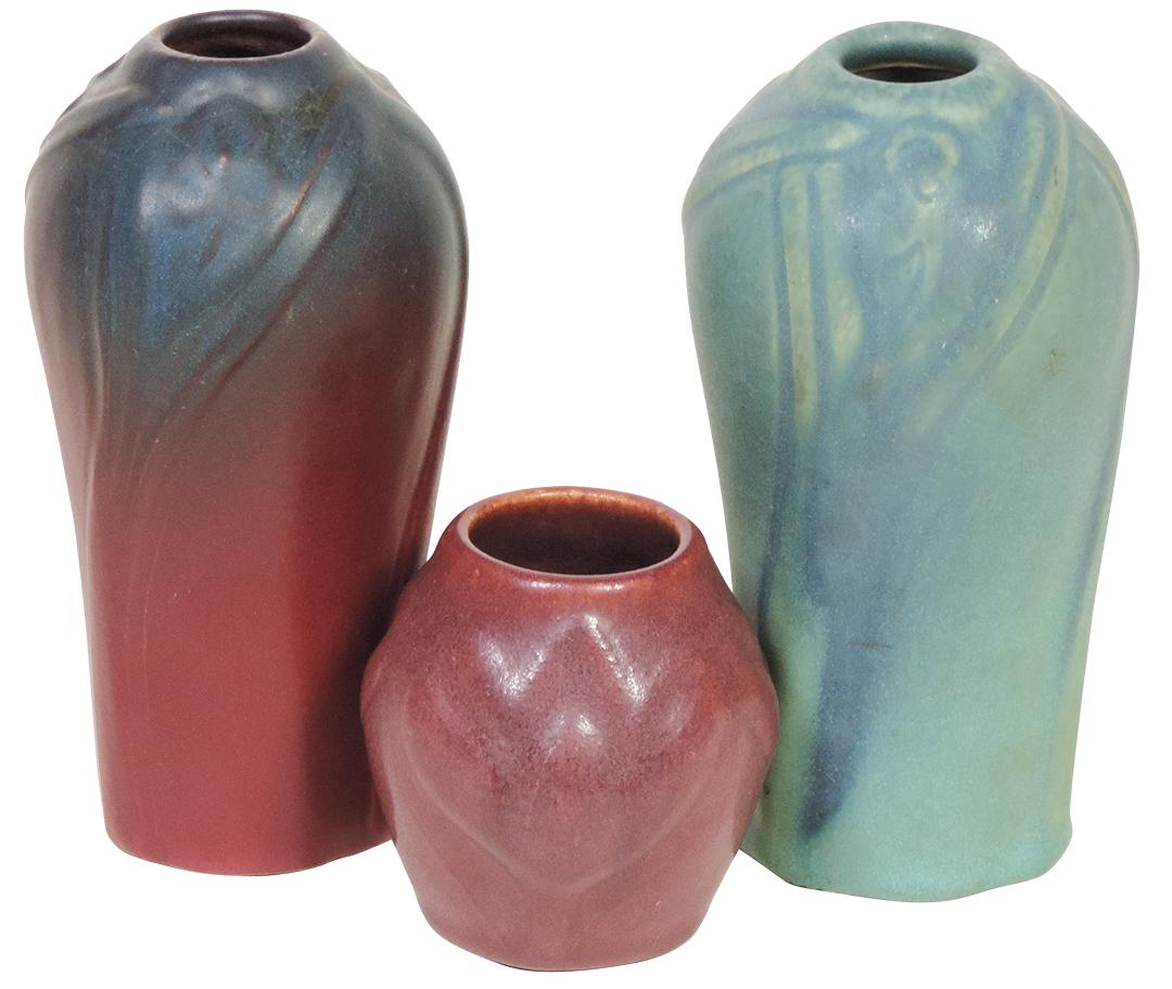 Art Pottery (3), Van Briggle, c.1920s vases, small: Art Pottery (3), Van Briggle, c.1920s vases, small Crocus & an Iris, each w/mulberry glaze & varnished bottoms & an Iris in turquoise w/USA mark, Exc cond, largest 5.5"H.