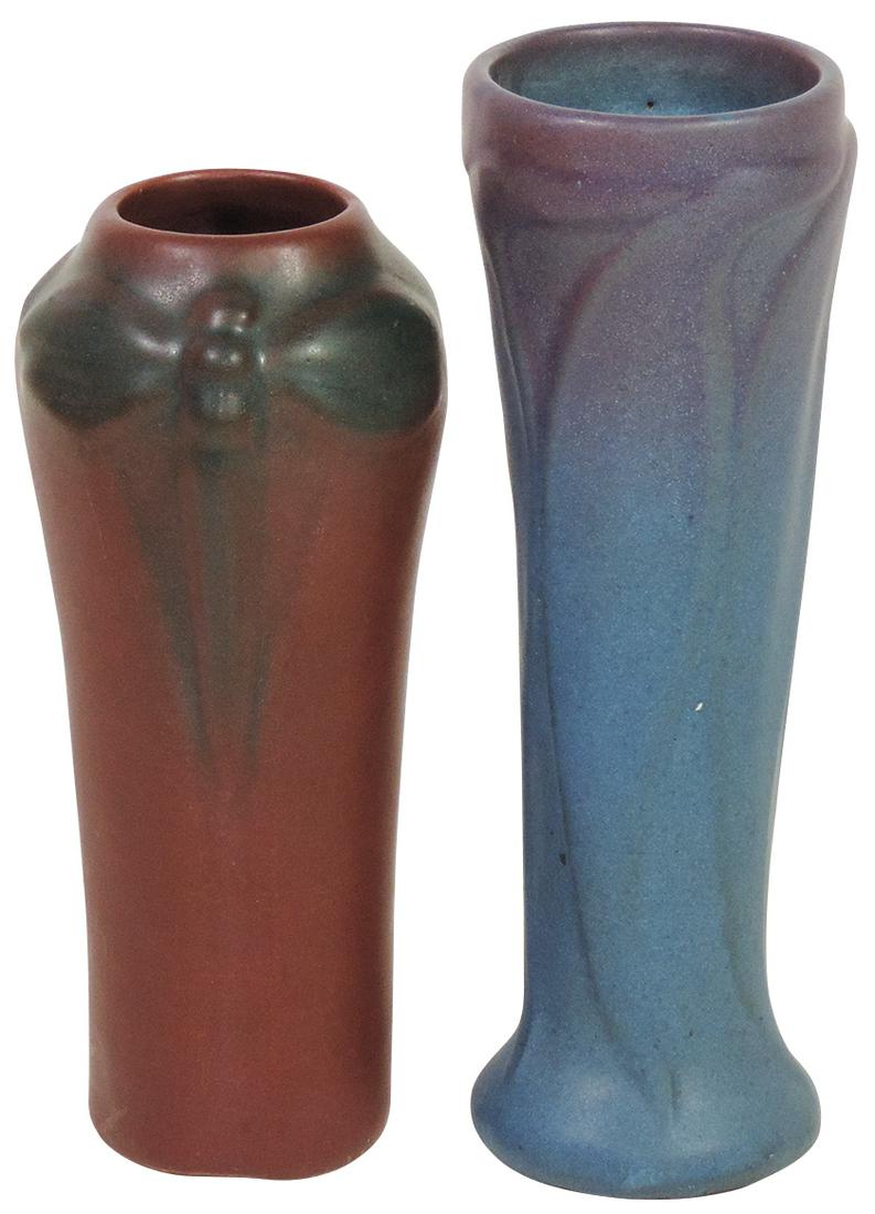 Art Pottery (2), Van Briggle early vases, embossed: Art Pottery (2), Van Briggle early vases, embossed "Dragonfly" in mulberry w/blue overspray, Colo. Spgs, & another w/stylized leaves in blue/purple glaze dated 1917, Exc cond, larger 8"H.