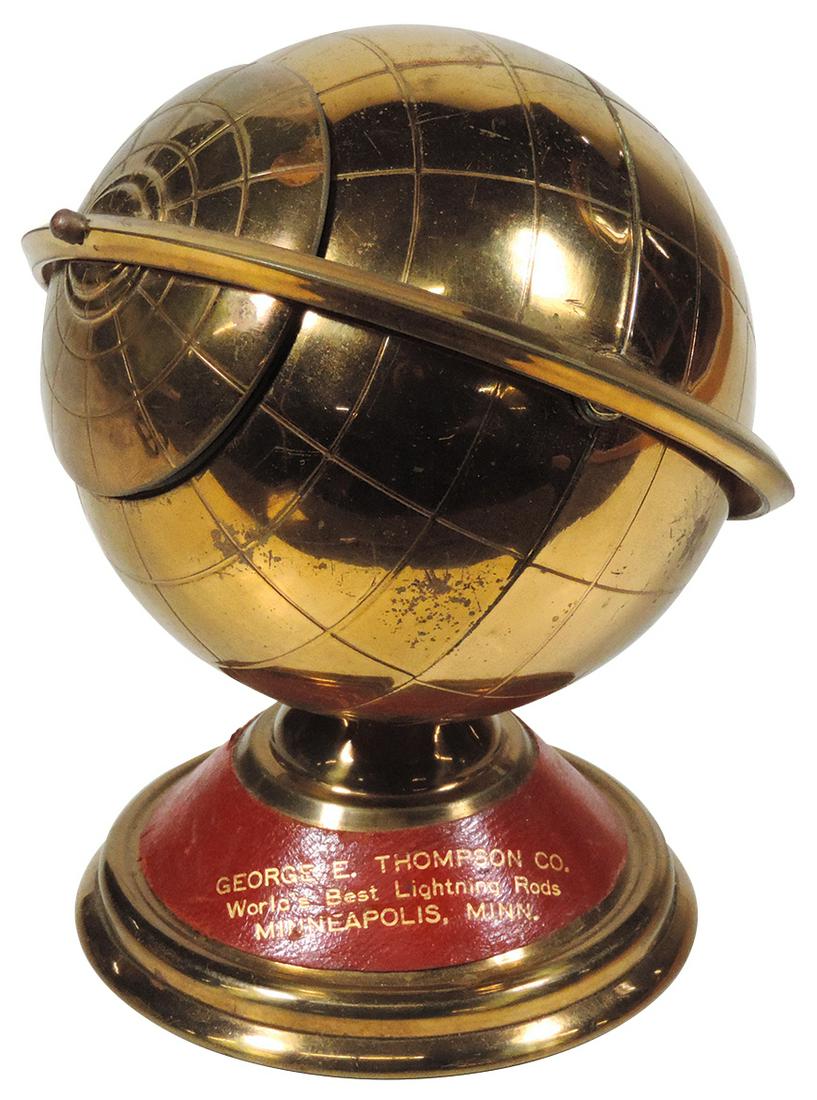 Lightning Rod Advertising, globe-shaped cigarette: Lightning Rod Advertising, globe-shaped cigarette holder for George E. Thompson Co., Worlds Best Lightning Rods, Minn, MN, VG cond, 6"H.