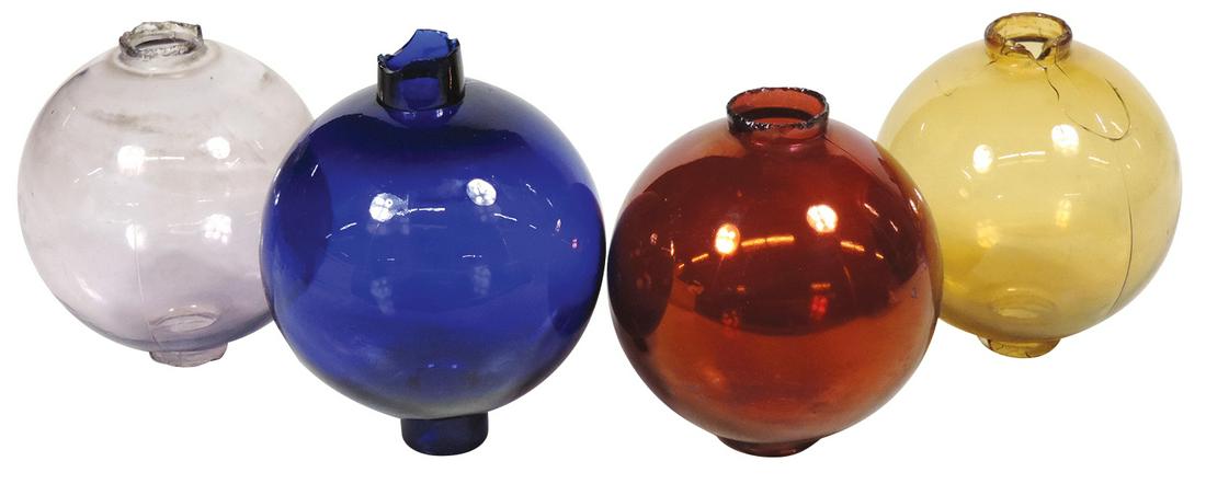 Lightning Rod Balls (4), colored glass, an unmarked: Lightning Rod Balls (4), colored glass, an unmarked Security Lighting Rod, cobalt w/tall collars, sun-colored amethyst, amber w/ringed collar (hairline) & ruby flashed, Good cond, all w/collar roughne