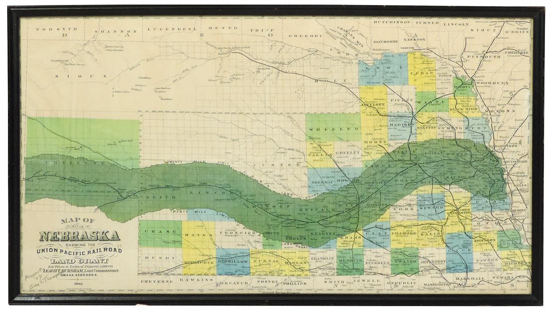 Railroad Map of Nebraska, Union Pacific Railroad, shows: Railroad Map of Nebraska, Union Pacific Railroad, shows the Nebraska Union Pacific Land Grant, dated 1883, printed by Aug. Gast & Co.-St. Louis, VG+ cond w/some age rippling but no losses, framed, 13"