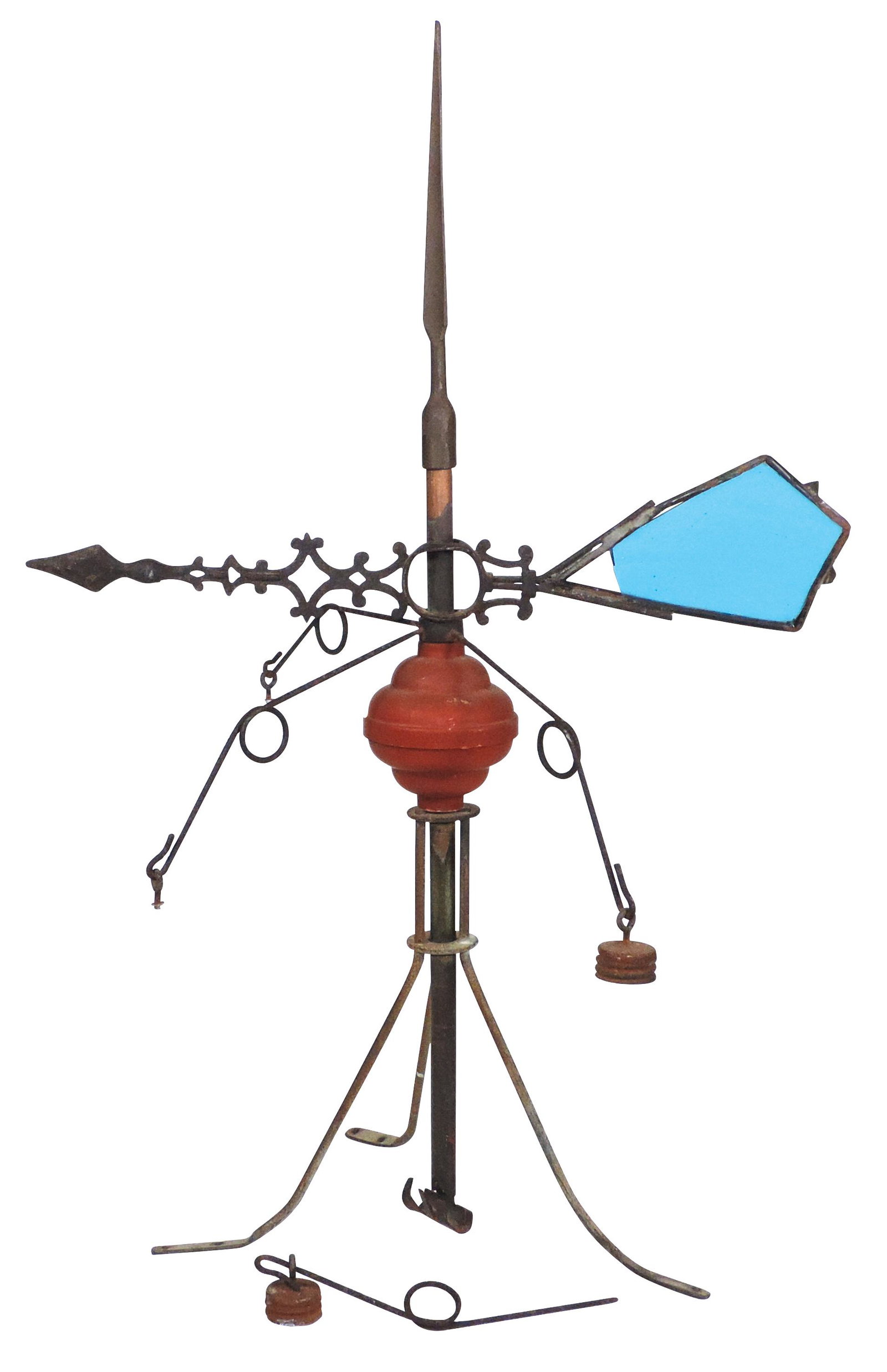 Lightning Rod, short copper rod w/spear point terminal: Lightning Rod, short copper rod w/spear point terminal displaying a C.I. Munson Kite Tail w/orig blue orange peel glass insert above 4 wire pendant arms & early plastic ball, Good cond w/loss to glass