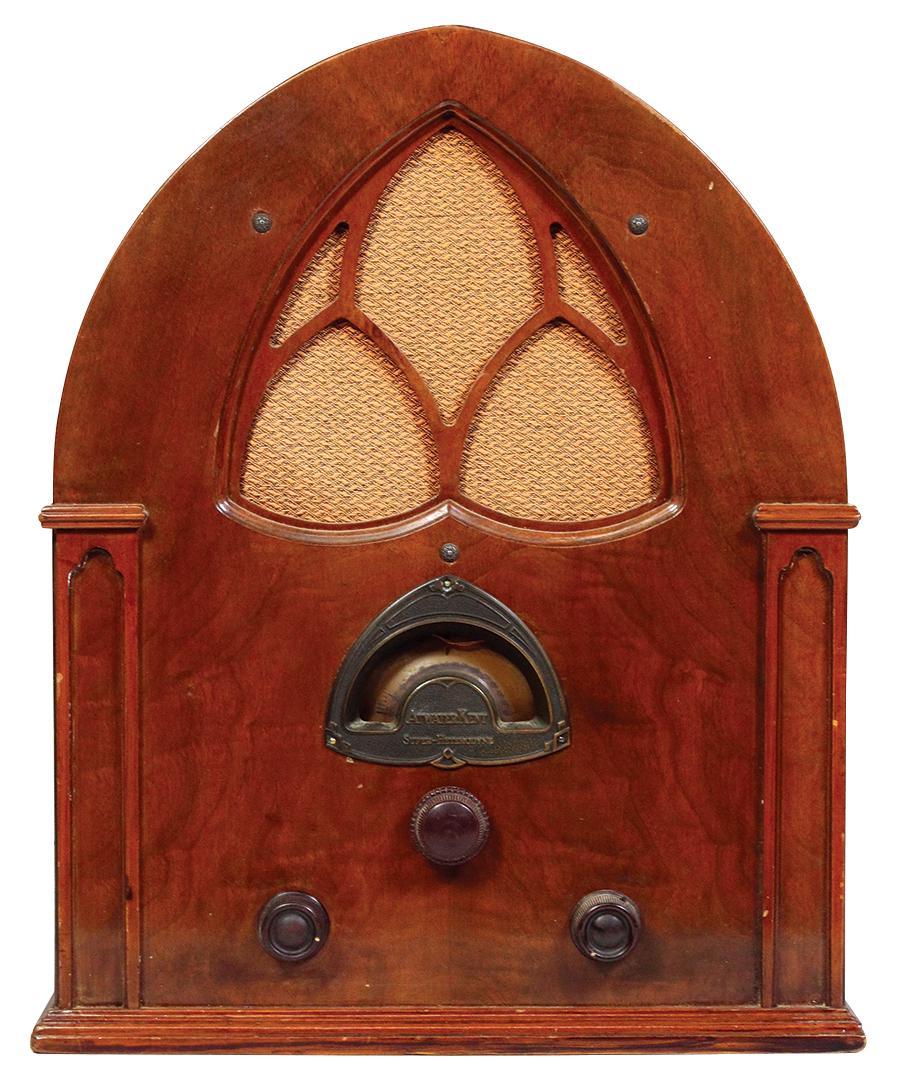 Radio, Atwater Kent Model 84 cathedral tombstone, table: Radio, Atwater Kent Model 84 cathedral tombstone, table top, refinished mahogany case, c.1930, Good cond, appears complete but not working, 18"H x 16"W x 10"D.