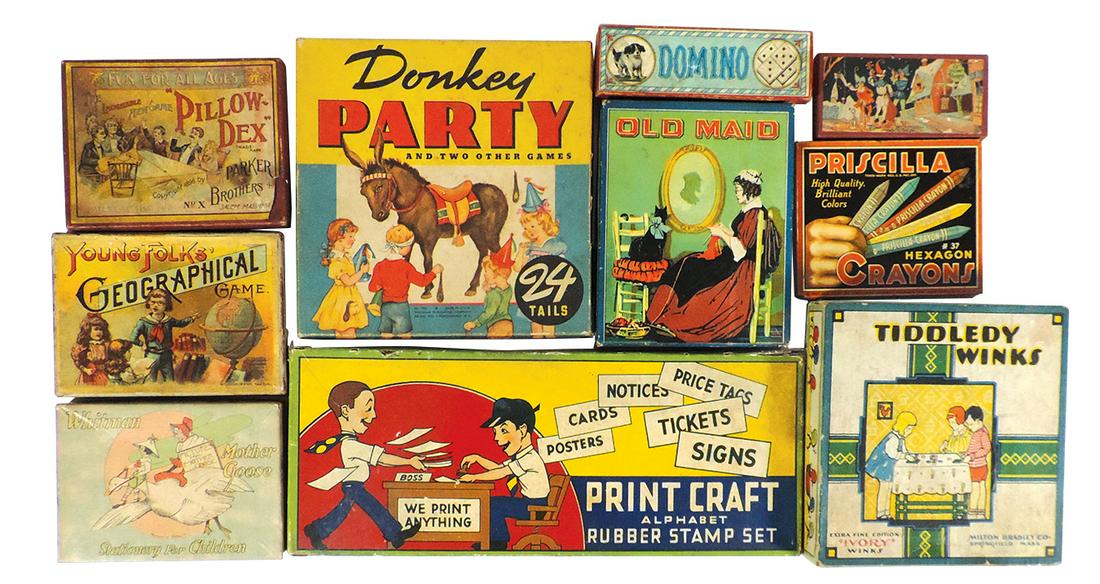 Toy Boxed Games (10), Young Folks Geographical by: Toy Boxed Games (10), Young Folks Geographical by McLoughlin, Pillow Dex by Parker Bros, Tiddledy Winks by Milton Bradley & others, includes a litho on tin Priscilla Crayons box, all w/great graphics,
