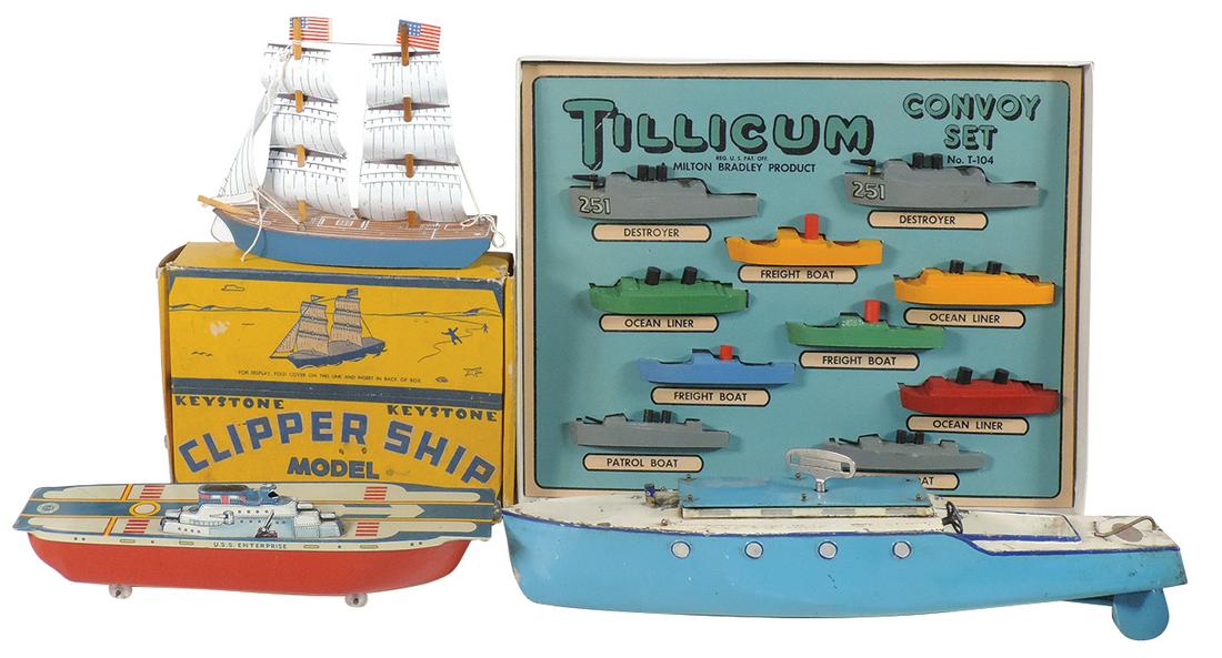 Toy Ships (4), Tillicum wood convoy set, mfgd by Milton: Toy Ships (4), Tillicum wood convoy set, mfgd by Milton Bradley, Exc cond; Clipper Ship model mfgd by Keystone in orig box, MIB cond; Hornby painted tin clockwork cruiser, Good+ working cond & U.S. En