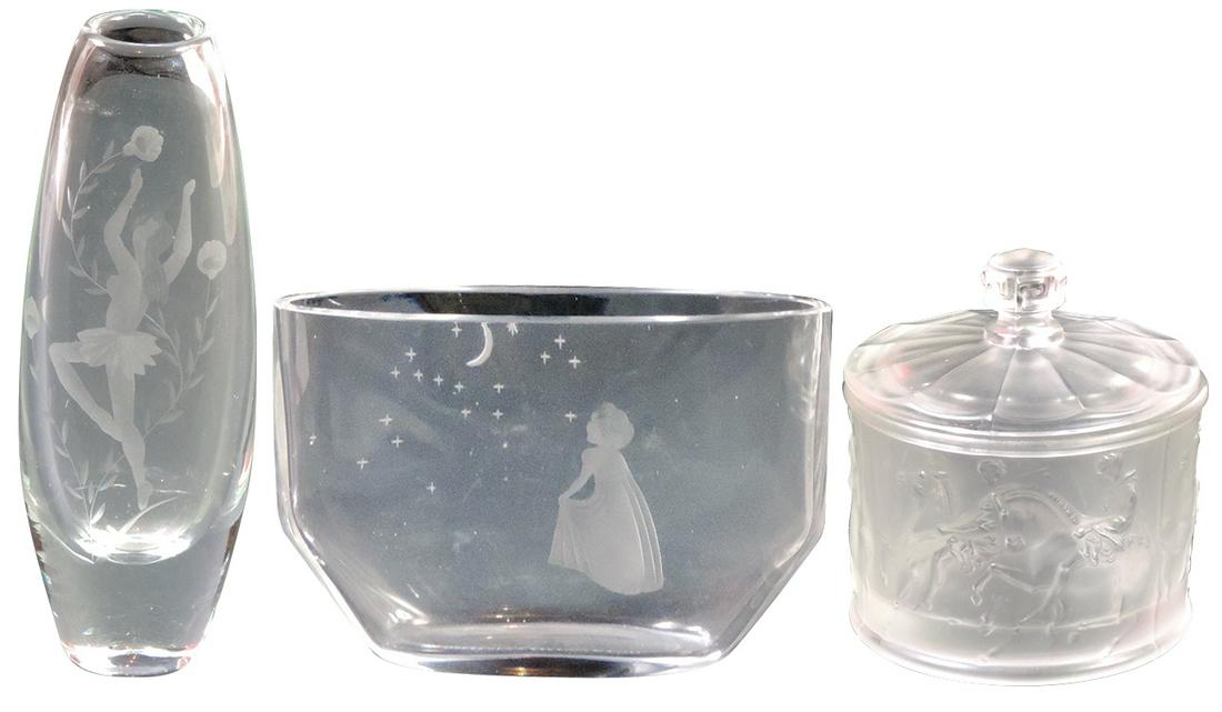 Art Glass, Etched Crystal (3), Orrefors Girl Viewing: Art Glass, Etched Crystal (3), Orrefors Girl Viewing Moon vase, c.1950s, an unmarked crystal vase w/nude dancer & a Czech molded & frosted covered jar w/spurious R. Lalique signature, Exc cond, larges