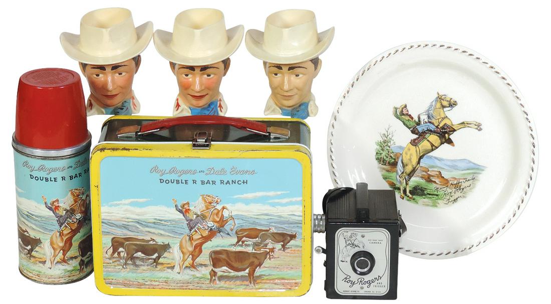Western TV Character Roy Rogers (6), Double R Bar Ranch: Western TV Character Roy Rogers (6), Double R Bar Ranch lunch box w/thermos, Rodeo Universal ceramic plate, 620 camera by Herbert George & 3 plastic F&F milk cups, most in Exc cond, largest 7"H x 9"W