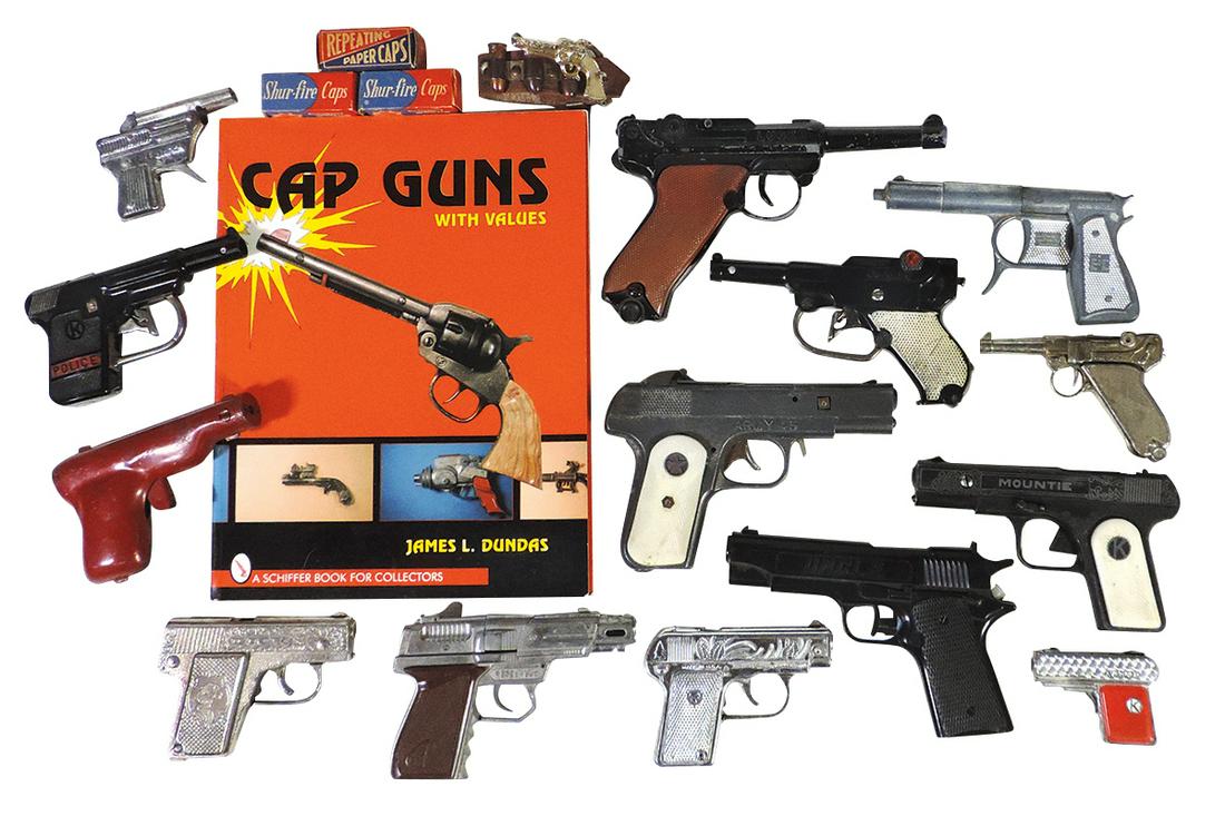 Toy Guns (18), mostly die-cast cap guns by various: Toy Guns (18), mostly die-cast cap guns by various makers, c.1950s-60s, includes a "Lone Star" Luger, U.N.C.L.E. water squirter, Victory P352, Kilgore "Mountie", Hubley "Dick", Crossman "Spud Gun" & o