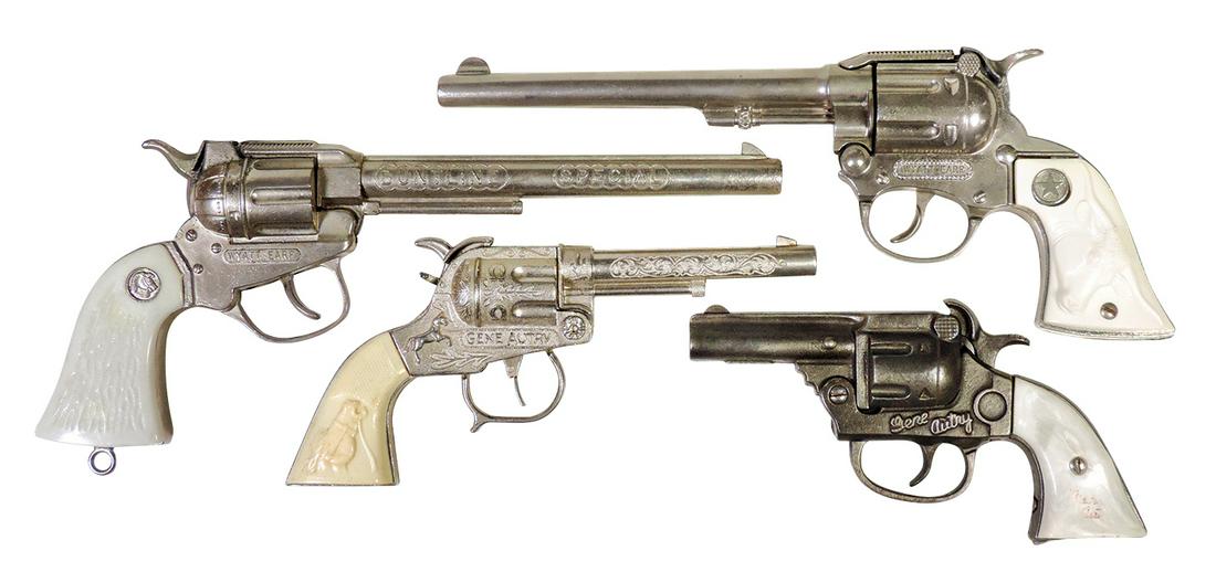 Toy Cap Guns (4), Western Character die cast six: Toy Cap Guns (4), Western Character die cast six shooters, Gene Autry: Rare Kenton Dummy short barrel (GA9), c.1940-50, & Buzz Henry w/full horsehead grips (GA21), Wyatt Earp: Buntline Special, mfgd b