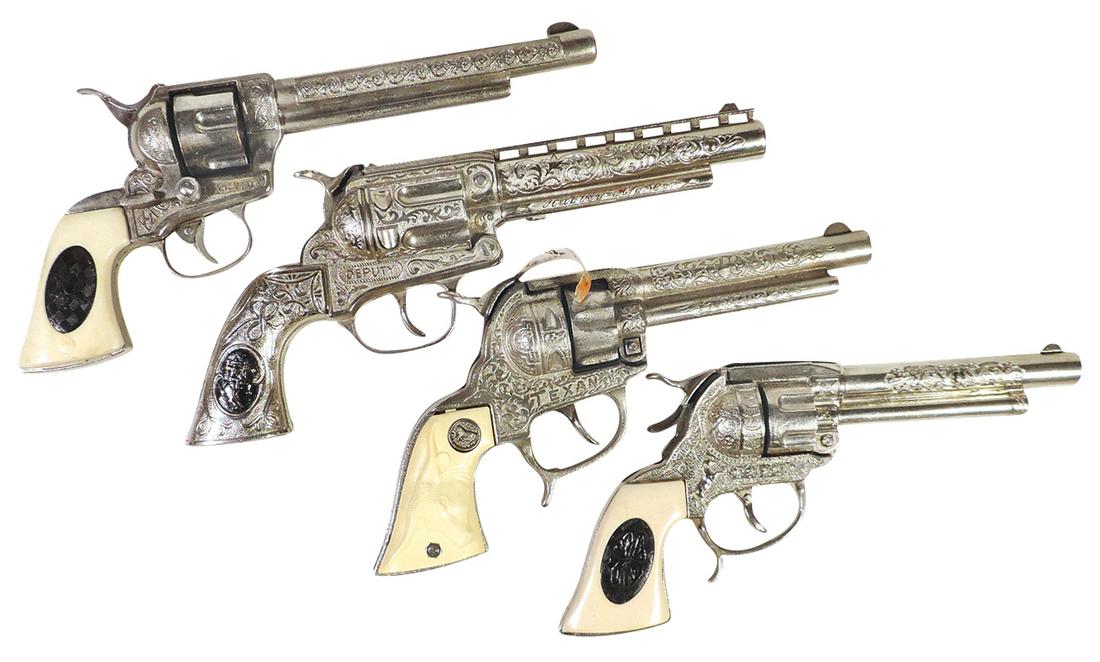 Toy Cap Guns (4), Western Character die-cast & cast: Toy Cap Guns (4), Western Character die-cast & cast iron six shooters, (2) Leslie Henry- "Paladin" & "Marshall" & (2) Hubley- "Texan" & "Deputy", all VG to Exc working cond, largest 11"L.