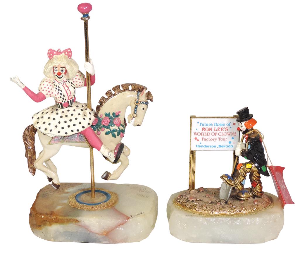 Circus Clown Sculptures (2), by Artist Ron Lee: Circus Clown Sculptures (2), by Artist Ron Lee (1947-2017), polychrome gilt bronze carousel horse, ed #152/300, signed & dated '96 & further inscribed "To Rob, Laura the Clown '96" & "To Rob, Roses ar