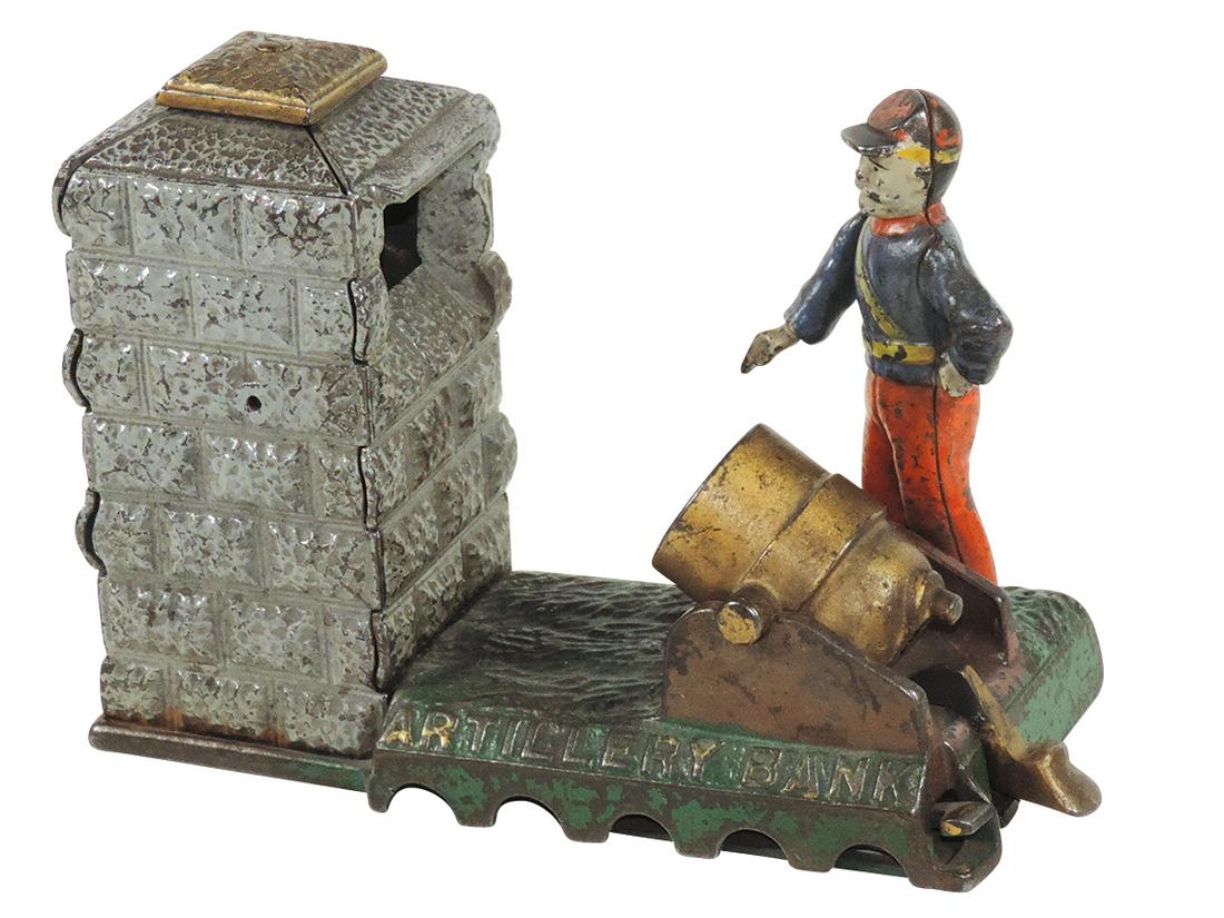 Mechanical bank, Artillery Bank-Confederate, cast iron,: Mechanical bank, Artillery Bank-Confederate, cast iron, mfgd by J. & E. Stevens, c.1892, place coin in cannon, press lever & coin is fired into the fort while man's arm moves down signaling the firing