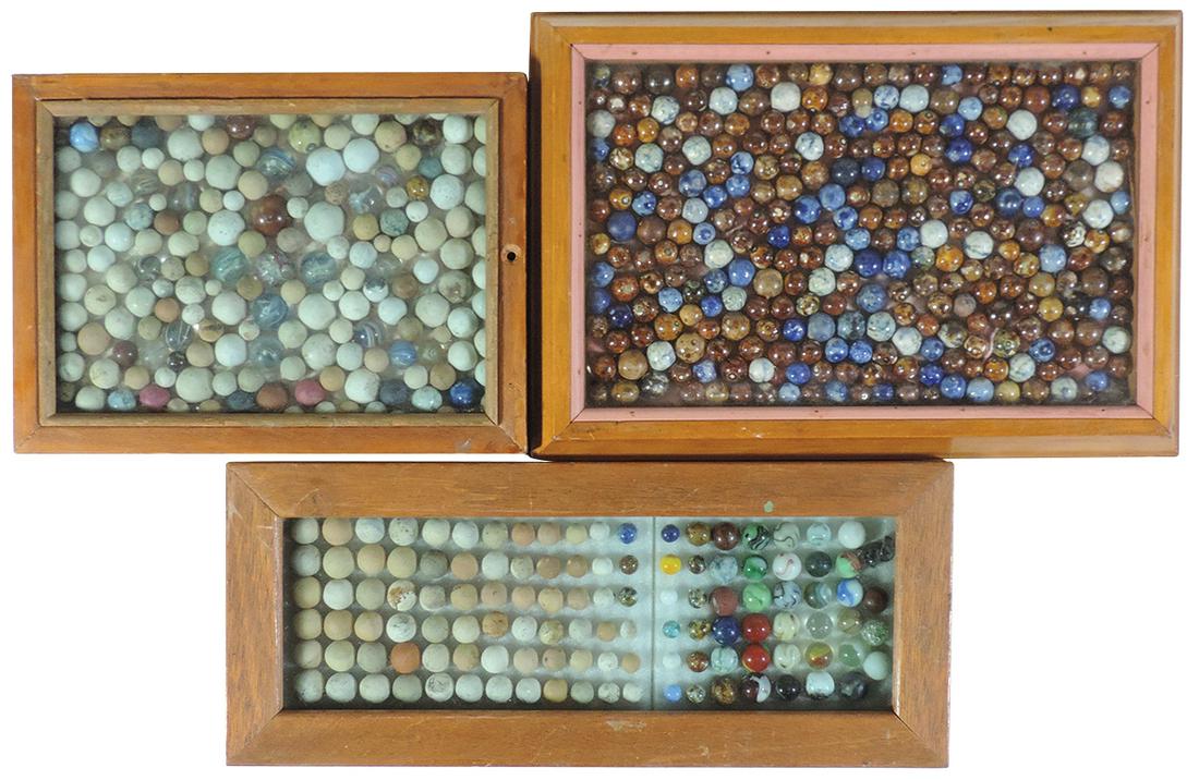 Toy Marble Collection, approx 400 antique marbles,: Toy Marble Collection, approx 400 antique marbles, large variety of various colored Benningtons, clay & a few multi-colored ribbon corkscrews, core swirls & onion skins, most appear VG or better cond,