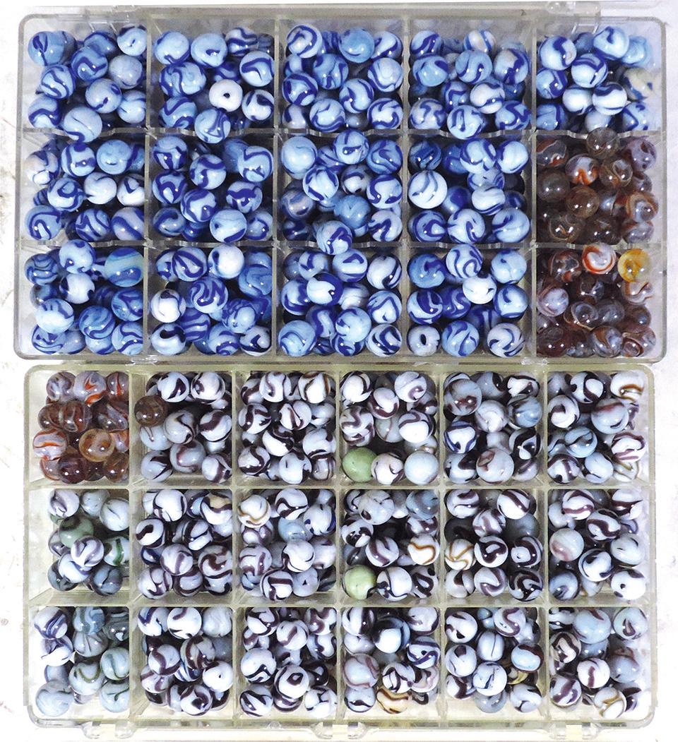 Toy Marble Collection, approx 800, mostly antique cork: Toy Marble Collection, approx 800, mostly antique cork screw in brown shades plus opal & blue shades, likely by Akro Agate, approx .5 to .625" Dia.