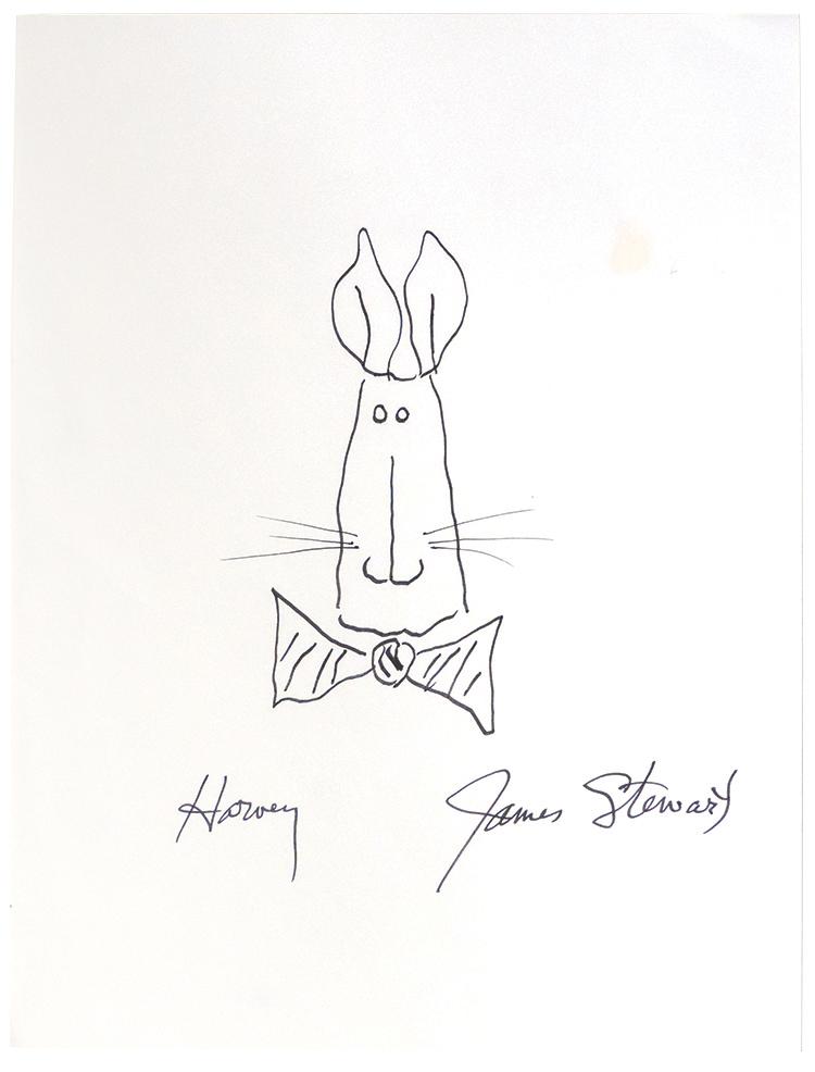 Autograph, "Harvey" James Stewart (1908-1997), original: Autograph, "Harvey" James Stewart (1908-1997), original sketch on paper of a rabbit w/bowtie, inscribed "Harvey" & signed lower right w/C.O.A. from Heroes & Legends, Exc cond, 11"H x 8.5"W.