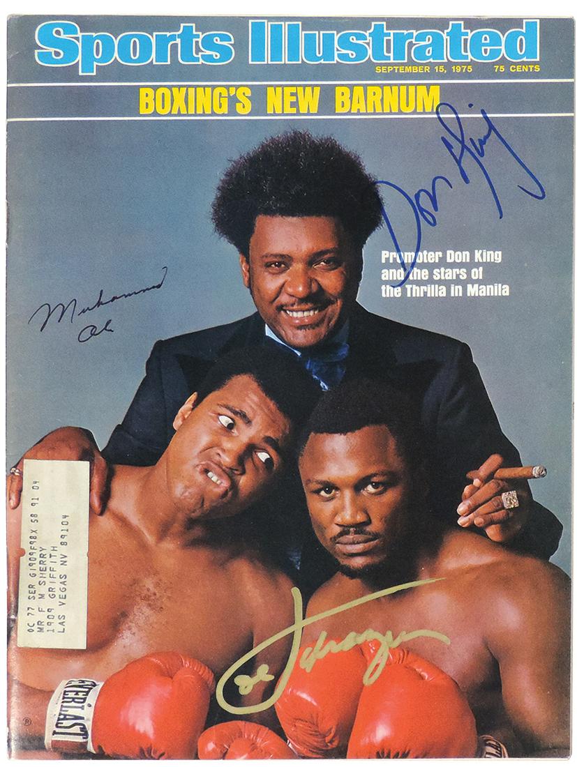 Autographs, Muhammad Ali, Sports Illustrated Sept. 15,: Autographs, Muhammad Ali, Sports Illustrated Sept. 15, 1975 issue, triple signed on front by Muhammad Ali, Don King & Joe Frazier w/C.O.A. from Heroes & Legends, issue complete & in Exc cond w/strong 