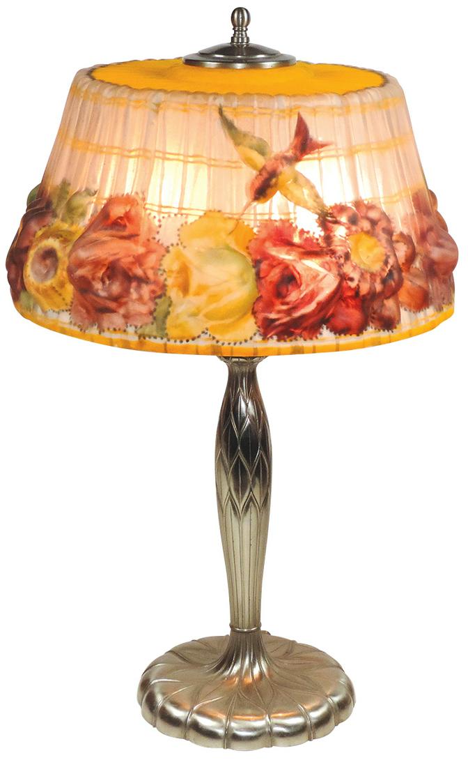 Lighting, Art Glass Lamp, Pairpoint Puffy Hummingbird &: Lighting, Art Glass Lamp, Pairpoint Puffy Hummingbird & Roses, hand-painted blown out Stratford Style glass shade on a refinished Artichoke base, shade signed "Pairpoint Corp", base embossed "Pairpoin