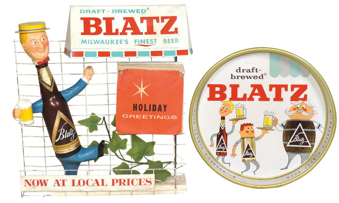 Breweriana Calendar & Tray (2), Blatz Beer molded: Breweriana Calendar & Tray (2), Blatz Beer molded plastic Bottle man calendar w/full pad, VG cond w/paint wear w/some bends & 1959 tray, Exc cond w/edge chips, larger 17"H x 15"W x 4"D.
