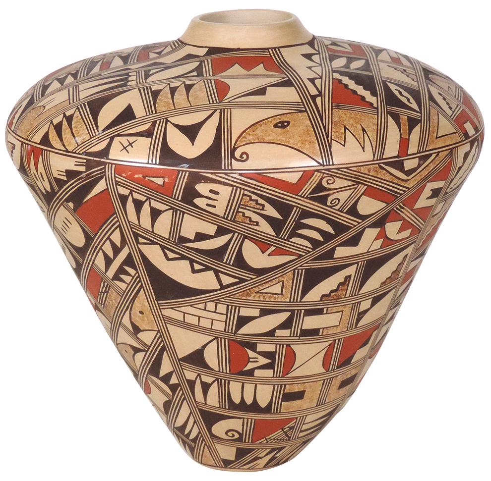 Native American Hopi Pottery Jar, finely painted by: Native American Hopi Pottery Jar, finely painted by Loretta Silas Poleahla overall in red & black polychrome w/bird motifs on a burnished buff ground, Fair Cond. w/top hairline crack, 11"H x 12"Dia.