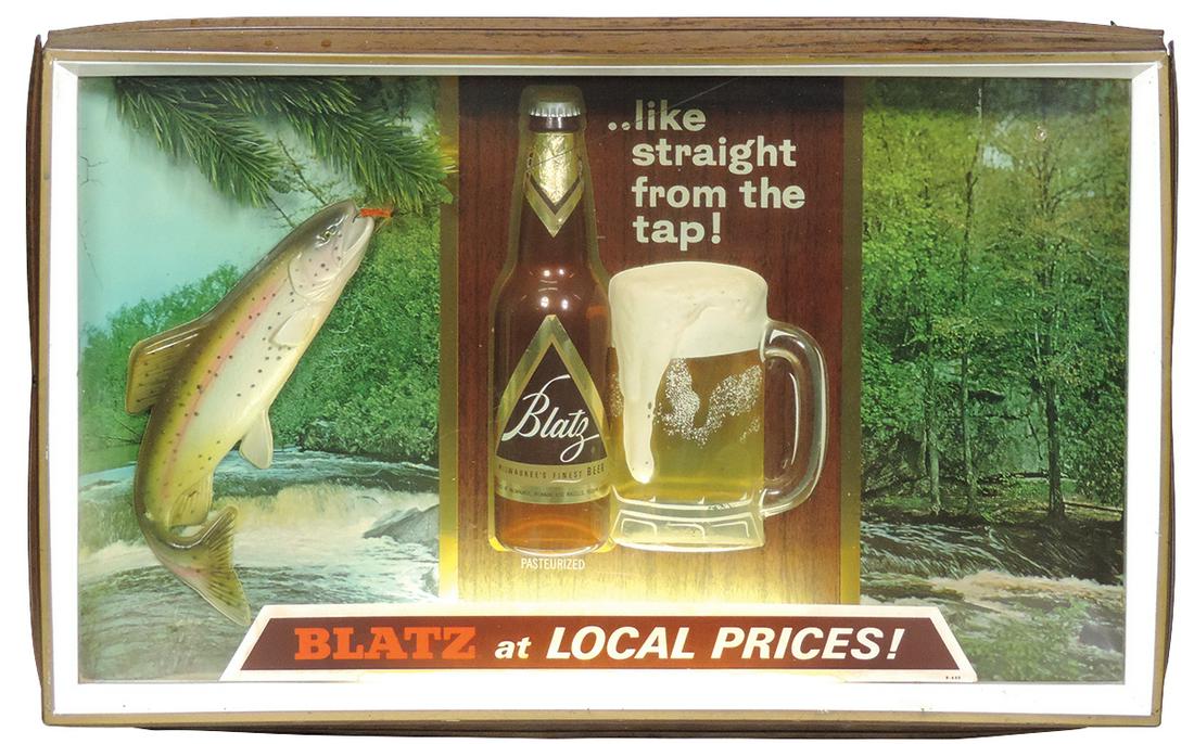 Breweriana Sign, Blatz Beer "At Local Prices" lighted: Breweriana Sign, Blatz Beer "At Local Prices" lighted diorama, plastic & metal 3D scene of a hooked trout on line w/bottle & mug in molded half round, mfgd by Embosograph, Chicago, VG working cond w/m