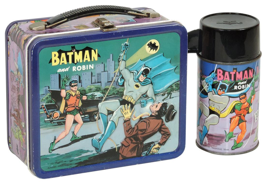 Vintage Lunch Box w/Thermos, Batman and Robin, litho on: Vintage Lunch Box w/Thermos, Batman and Robin, litho on embossed metal, c.1966 Aladdin Industries-Nashville, Tenn., Exc cond w/minor edge wear, thermos Near Mint cond, 5.5"H x 8"W.