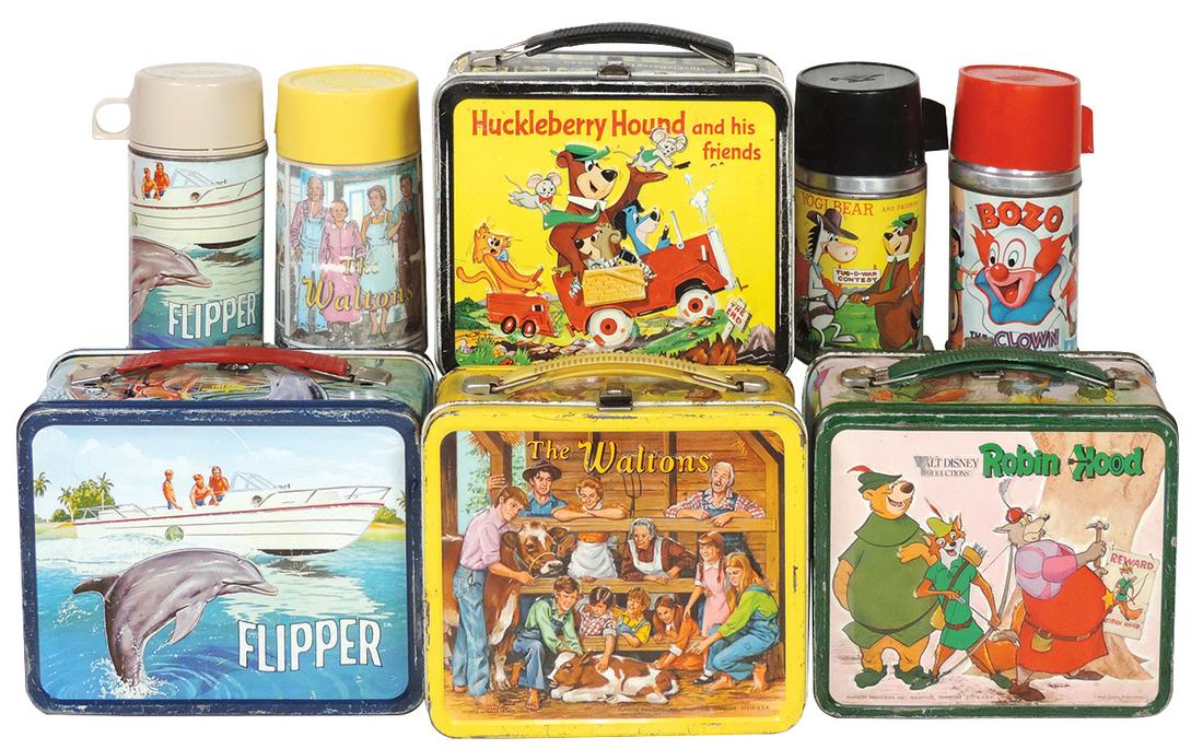 Vintage Lunch Boxes w/Thermos (4), Huckleberry: Vintage Lunch Boxes w/Thermos (4), Huckleberry Hound/Quick Draw McGraw w/thermos, c.1961 Aladdin Ind., VG cond w/Exc thermos; Flipper, c.1966 King-Seeley, VG cond w/minor edge wear, thermos Exc, The W