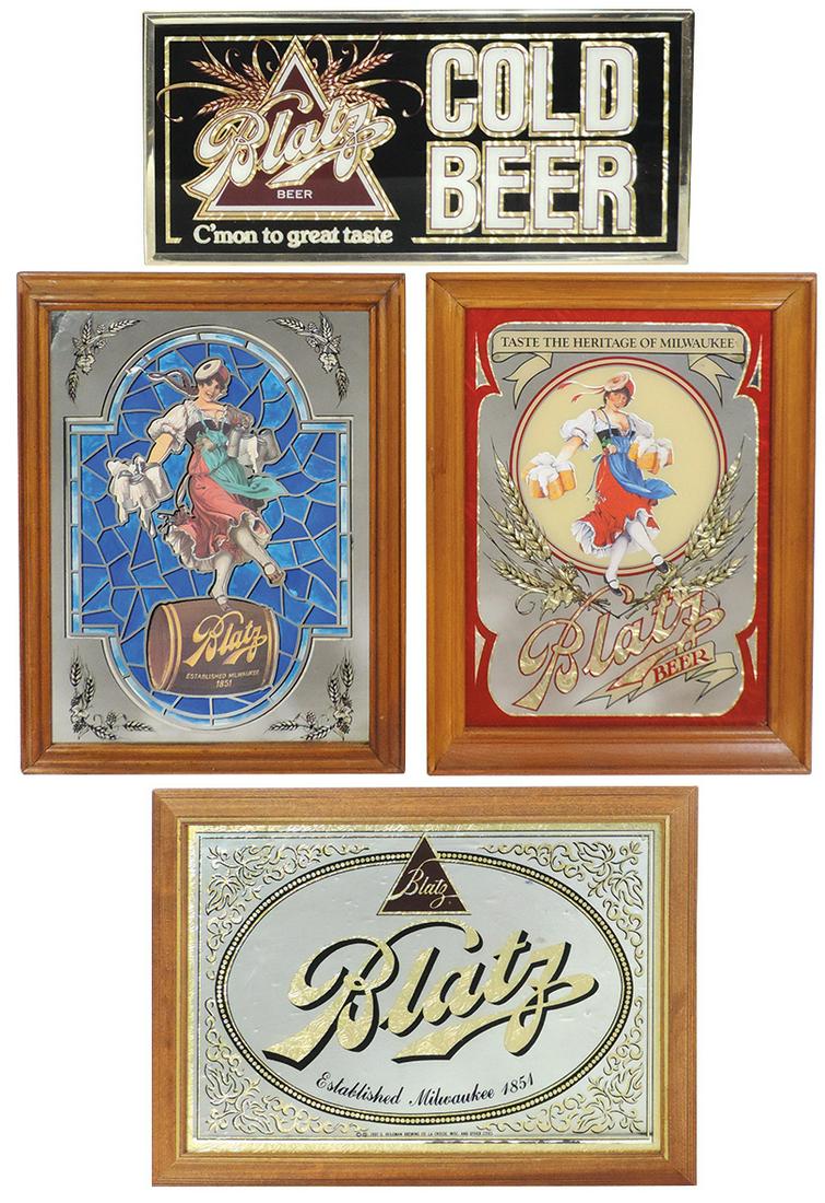 Breweriana Blatz Beer Signs (4), reverse painted glass: Breweriana Blatz Beer Signs (4), reverse painted glass w/mirror and/or glue-chip lettering, contemporary w/a good look, Exc cond, largest 14.5"H x 20"W.