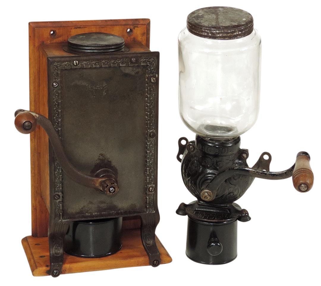 Coffee Grinders (2), both wall hung, one unmarked: Coffee Grinders (2), both wall hung, one unmarked w/cast iron front on dovetailed wooden box & Arcade embossed cast iron w/glass hopper, both w/possible repaired or restored catch cups, both Exc cond,
