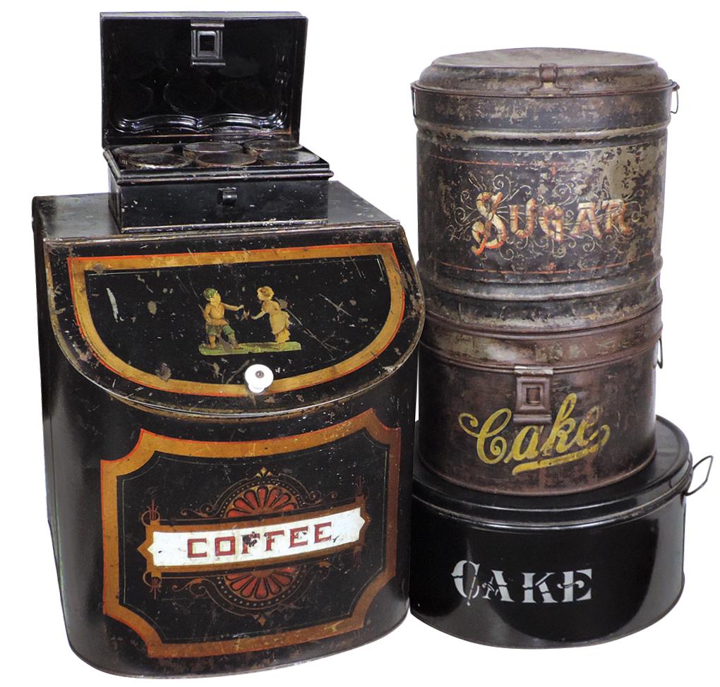 Country Store Tin Containers (5), Japanned & painted: Country Store Tin Containers (5), Japanned & painted "Coffee" bin w/slant hinged cover, 2 "CAKES" tins, Japanned "Sugar" & a spice box w/6 canisters, most in Good to VG cond w/wear, largest 16"H x 14"