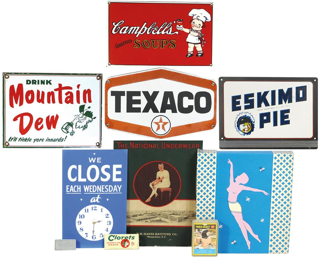 Advertising Signs & Containers (10), Mountain Dew: Advertising Signs & Containers (10), Mountain Dew porcelain sign, Campbell's & Texaco enameled signs, painted Eskimo Pie, Huyler's Pepsin Gum tin, deck of Vintage nude playing cards & other fun items,
