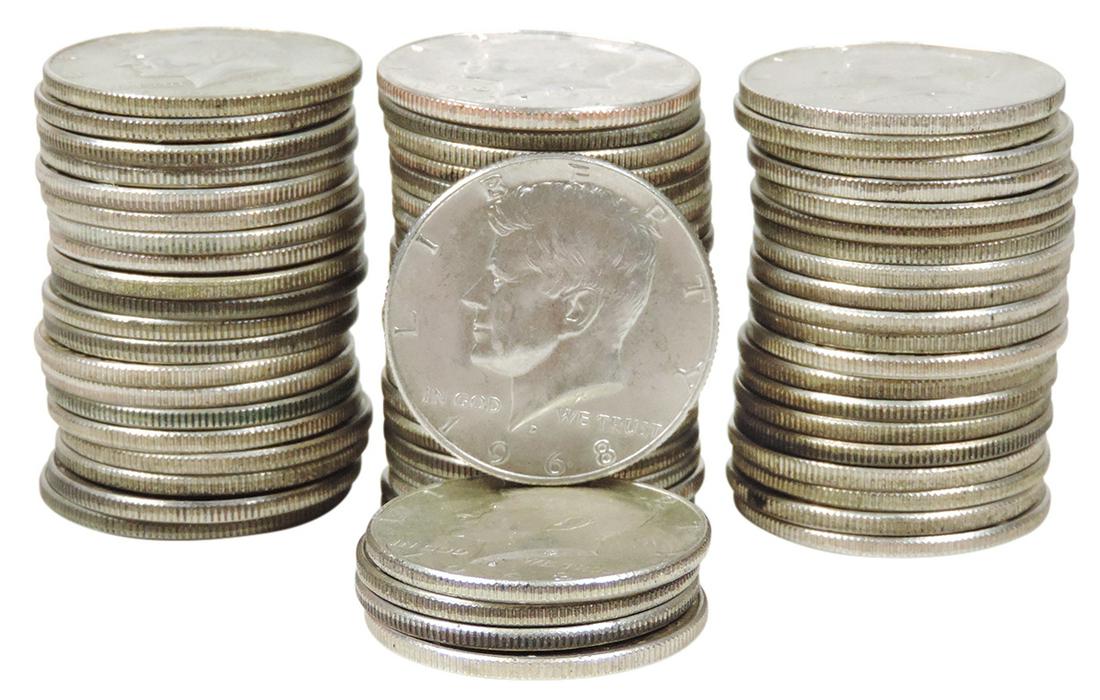 Coins (65), Kennedy Half Dollars, (1) 1964, (40) 1967 &: Coins (65), Kennedy Half Dollars, (1) 1964, (40) 1967 & (24) 1968, MS+ cond.