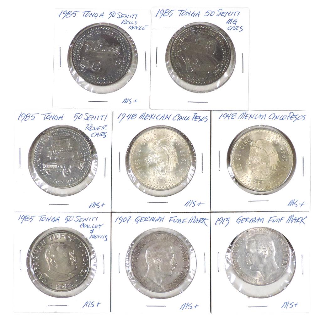 Coins (8), Mexican Cinco Peso's (2), 1948, both MS+,: Coins (8), Mexican Cinco Peso's (2), 1948, both MS+, German Funf Marks (2), 1907 & 1913, both MS+, Tonga 50 Seniti (4), all 1985 Centenary of the Motorcar, Rolls Royce, MG Cars & Rover Cars, Cowley &