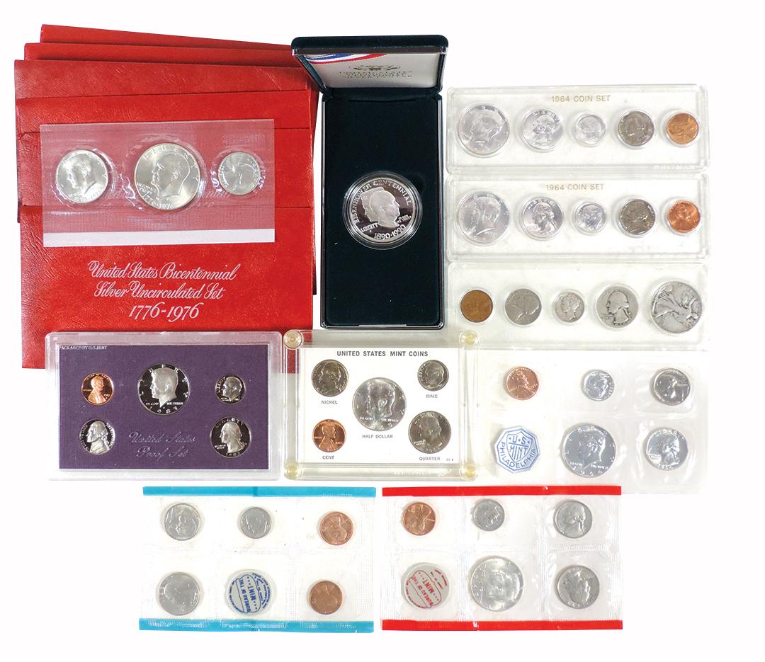 Coins, Proof Sets (15), Various U.S. Silver,: Coins, Proof Sets (15), Various U.S. Silver, Uncirculated, 1776-1976 (6), Quarter, Half & Dollar in orig pkg, Exc cond, 1964 Coin Sets (2) w/Penny, Nickel, Dime, Quarter & Half in Whitman plastic hold