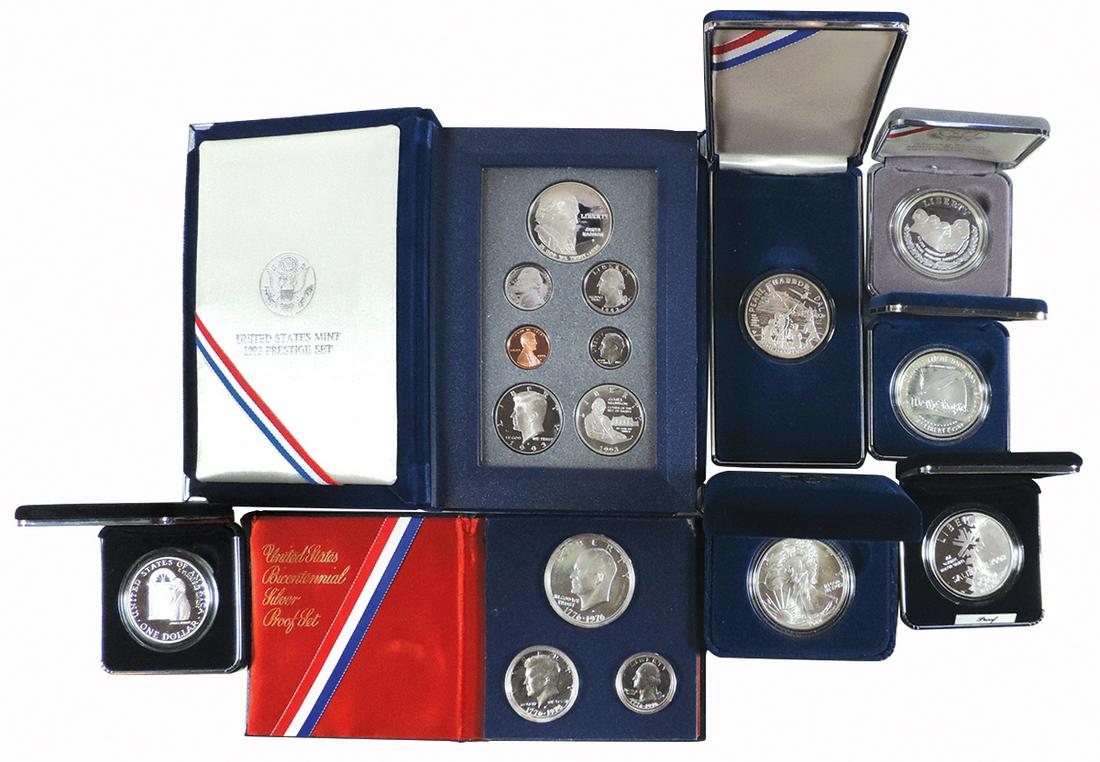Coins, Proof Sets (8), 1993 U.S. Mint 7-coin Proof Set,: Coins, Proof Sets (8), 1993 U.S. Mint 7-coin Proof Set, 1976 Bicentennial Silver 3-coin Proof Set (holder w/corner ding), 2002 Olympic Winter Games Silver Dollar Proof Set, 1992 White House 200th Anni