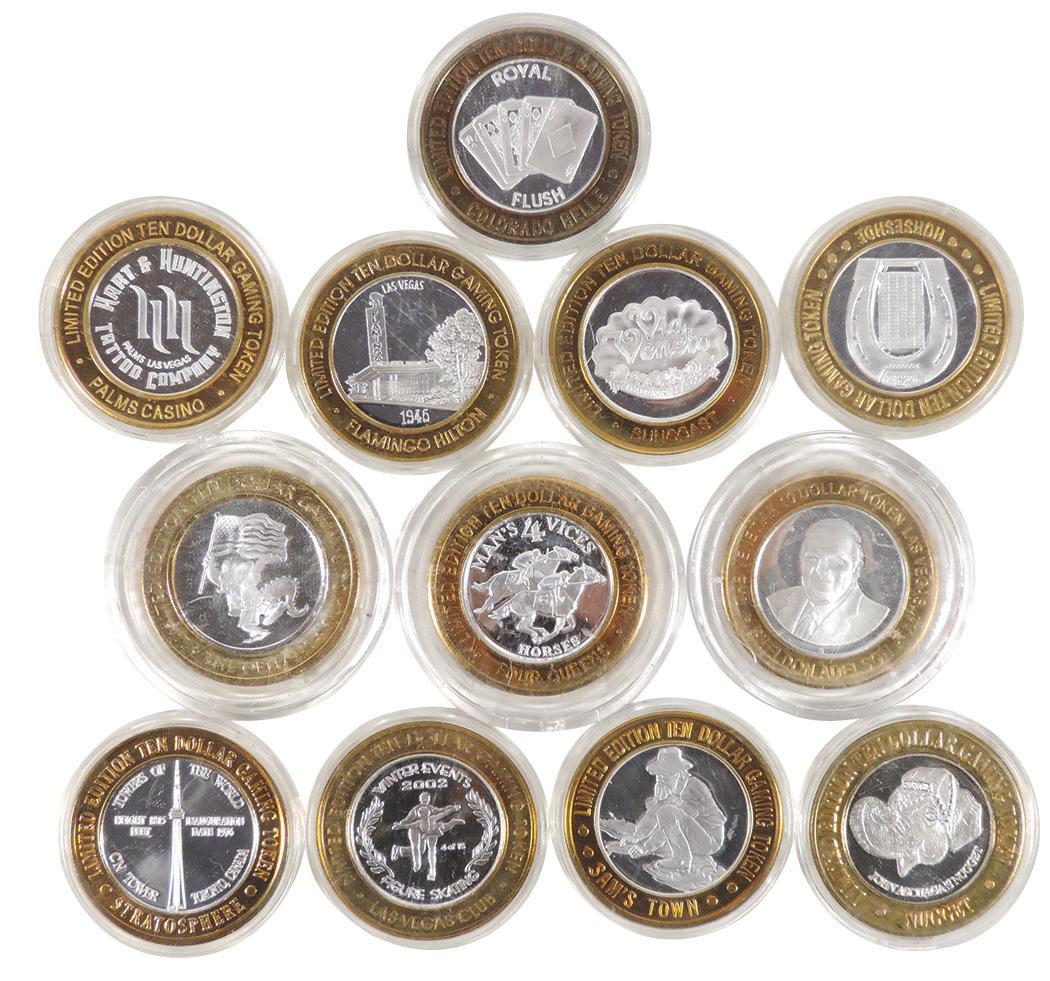 Gaming Tokens (12), from Las Vegas, Laughlin & Sparks,: Gaming Tokens (12), from Las Vegas, Laughlin & Sparks, .6 troy oz. of .999 Silver each, Las Vegas tokens from Flamingo Hilton, Vegas Club, Four Queens, Sun Coast, Palms, Orleans, Stratosphere, Horsesh